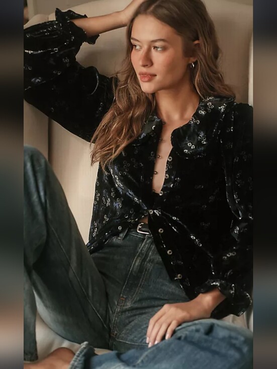 Pilcro Tops - Pilcro Black Velvet Floral Button-Front Blouse